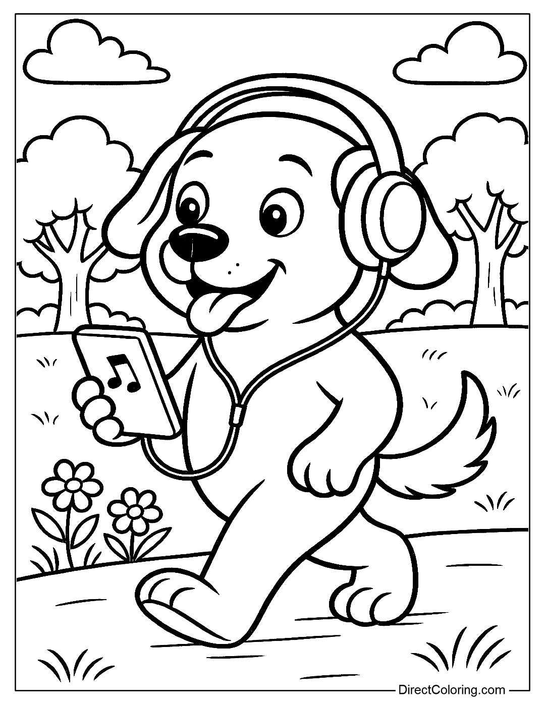 Dog Walking in the Park Coloring Page